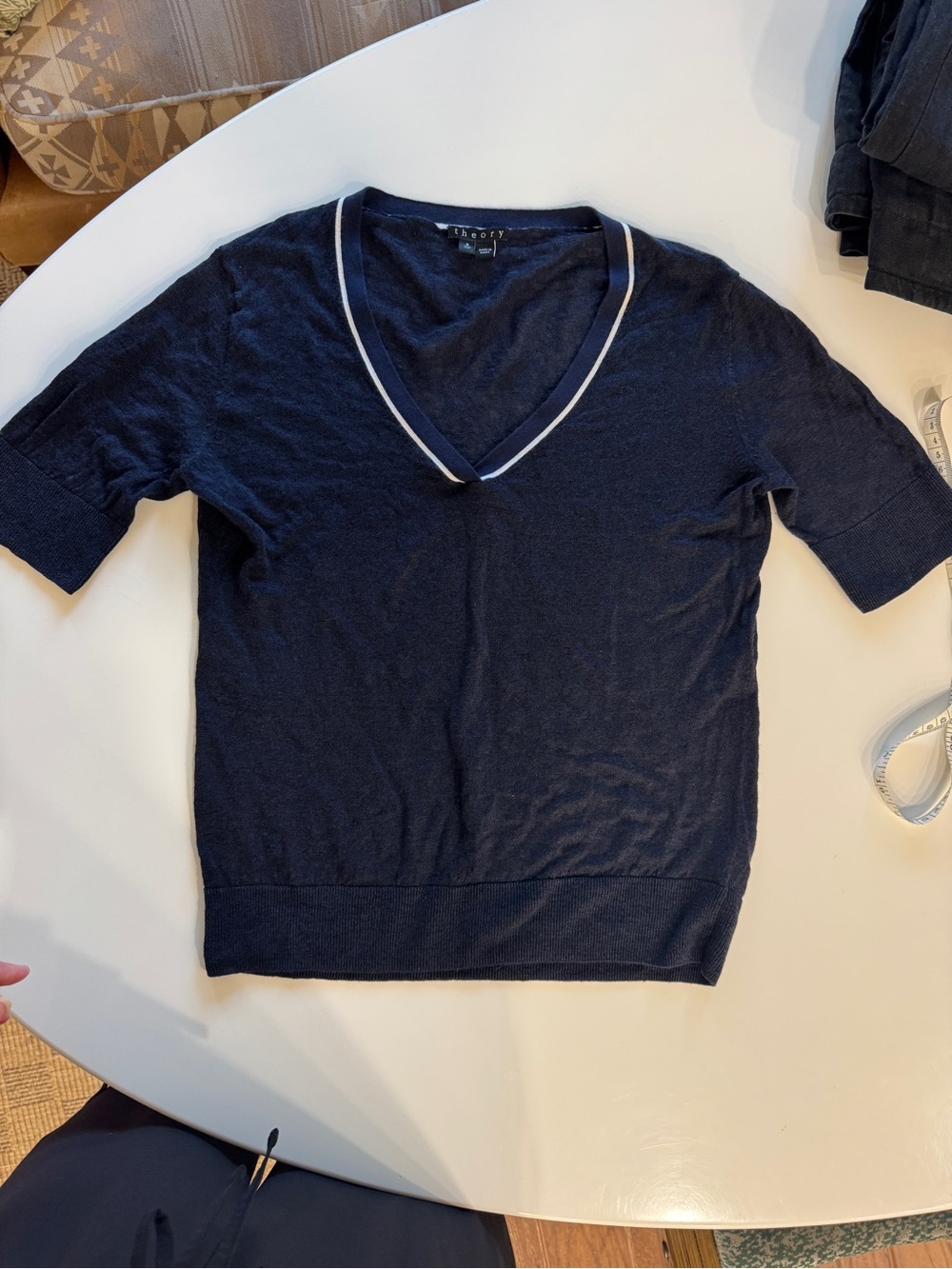Theory Navy Linen Blend V-Neck Short Sleeve Sweater Top Size P